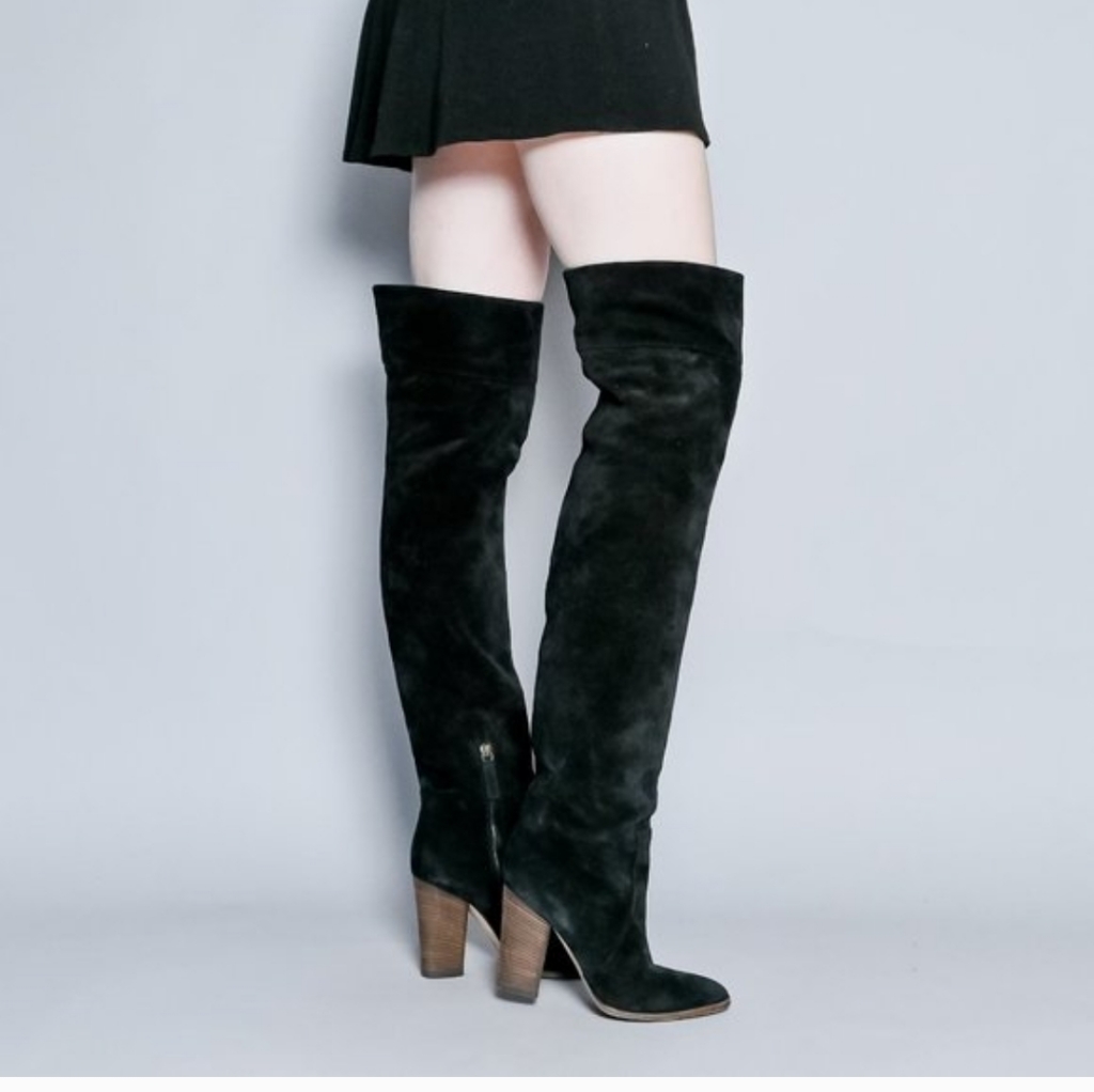 Club Monaco Tall Over The Knee Black Suede Leather Heeled Boots Sz 37